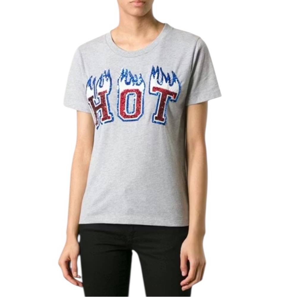 NEW FAP Filles a Papa 'HOT' sequined graphic T-shirt in Gray Size 2 = Medium